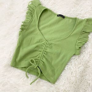 Zara Light Green Ruched Ruffle Crop Top